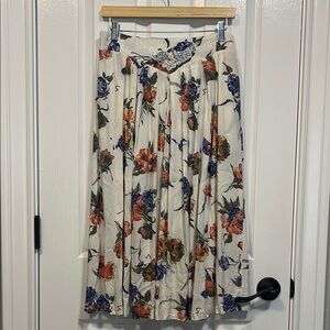 Vintage Cream Midi Skirt with Blue & Orange Floral Print